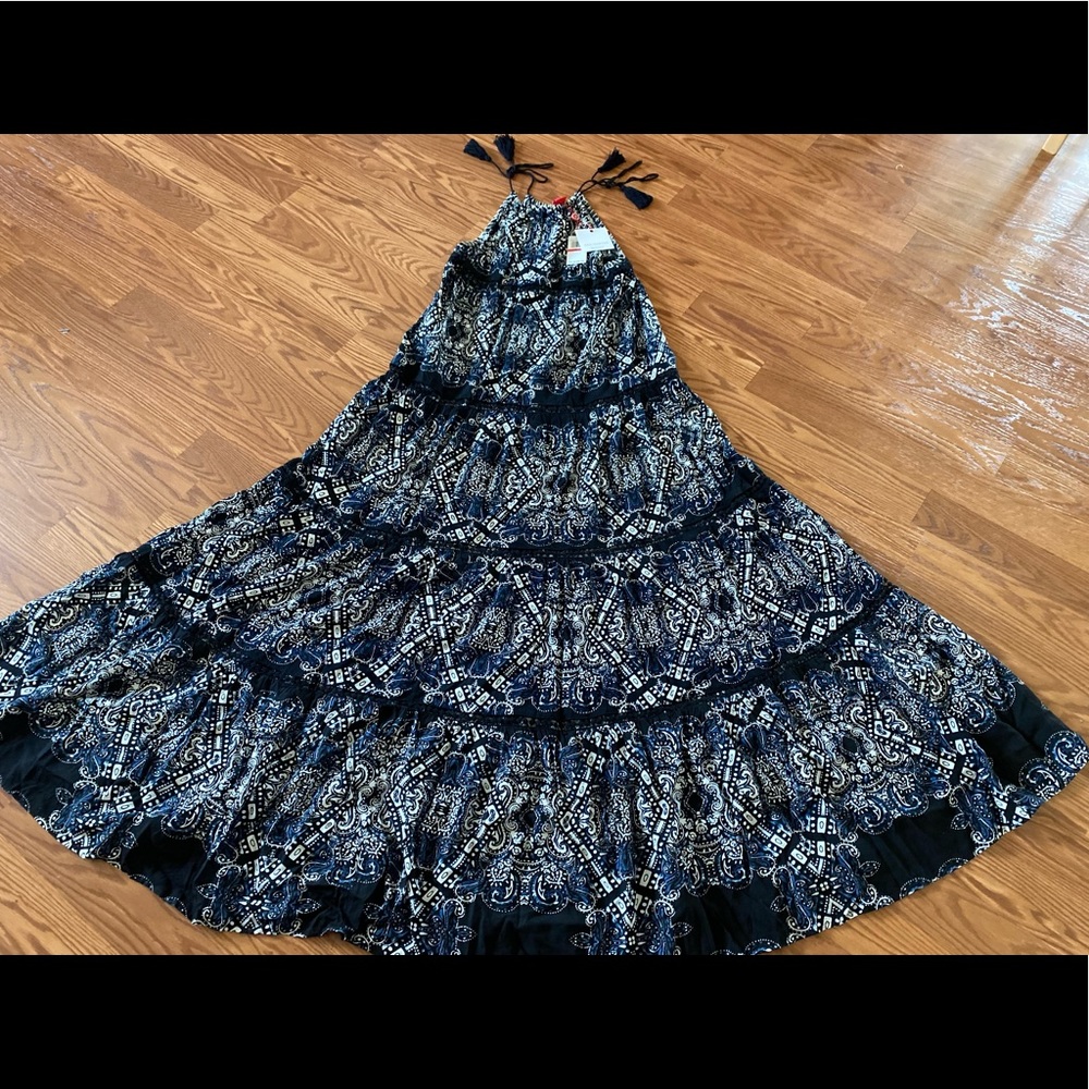 Unlined Ramie Fabric Red Carter Navy Blue Paisley Maxi Dress NWT